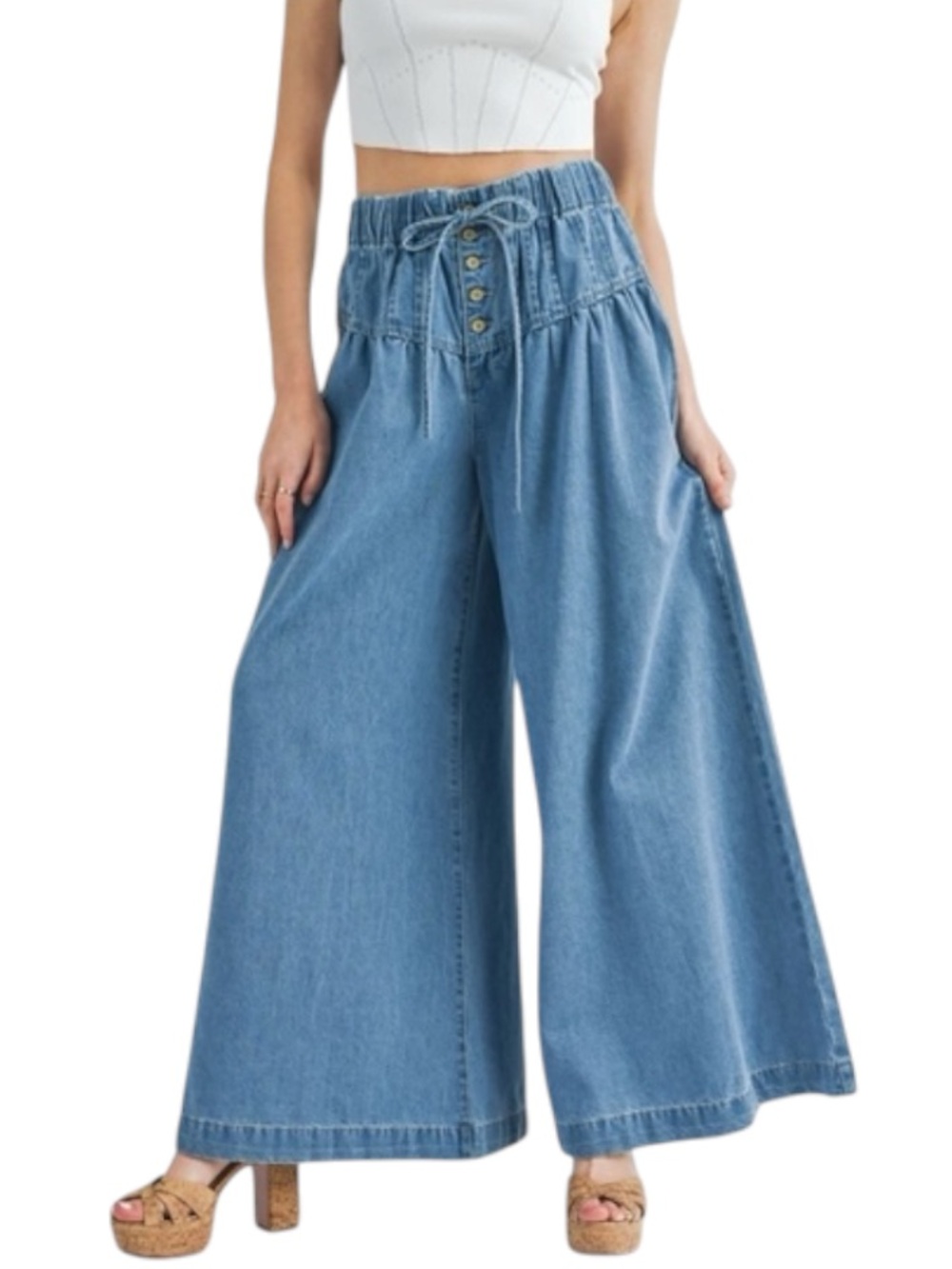 Mabel Boho High Waisted Wide Leg Denim Palazzo Pants Light Wash Large